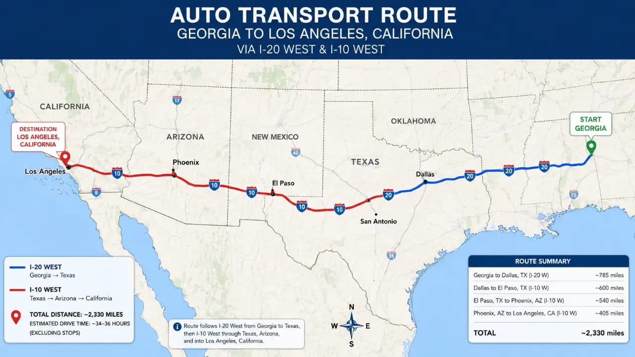 Map showing auto transport route from Georgia to California via I-20 West and I-10 West through Texas Arizona and into Los Angeles