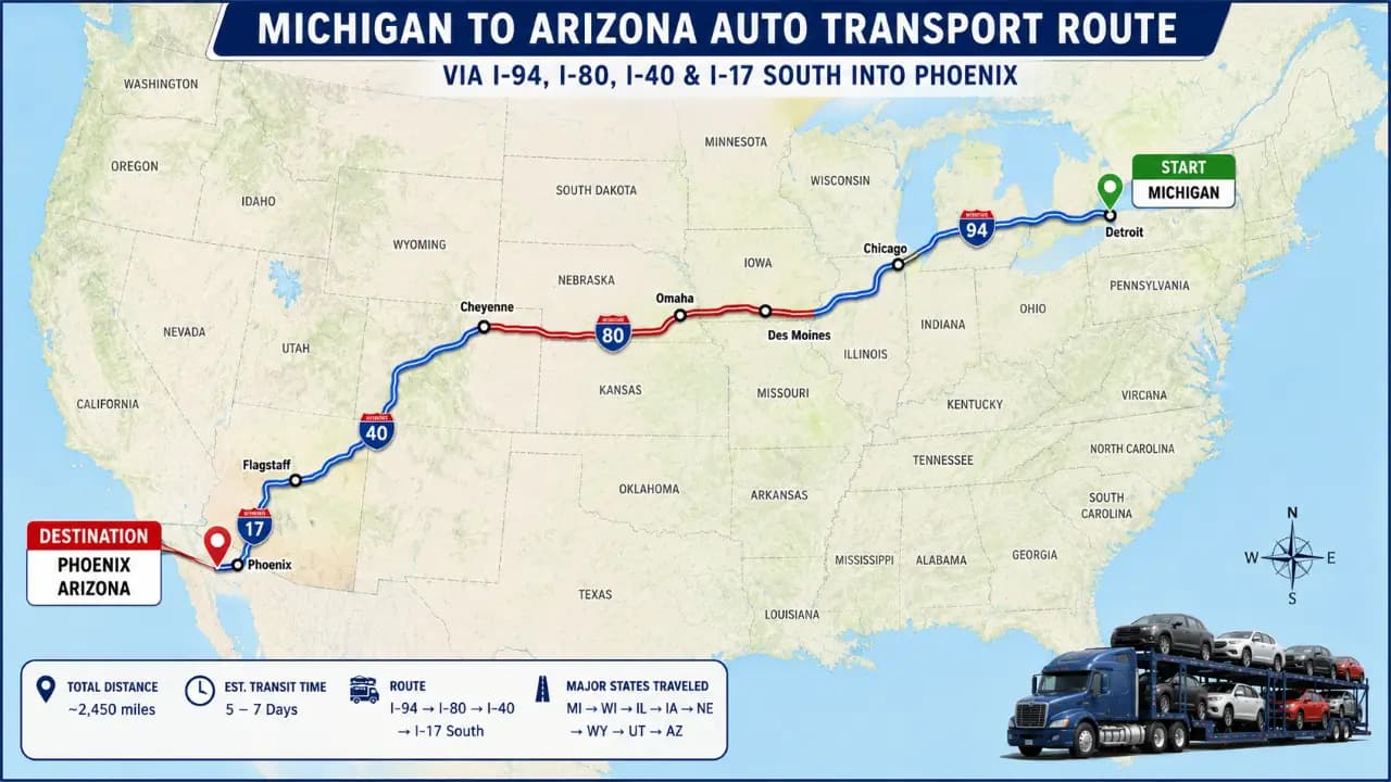 Map showing auto transport route from Michigan to Arizona via I-94, I-80, I-40, and I-17 South into Phoenix