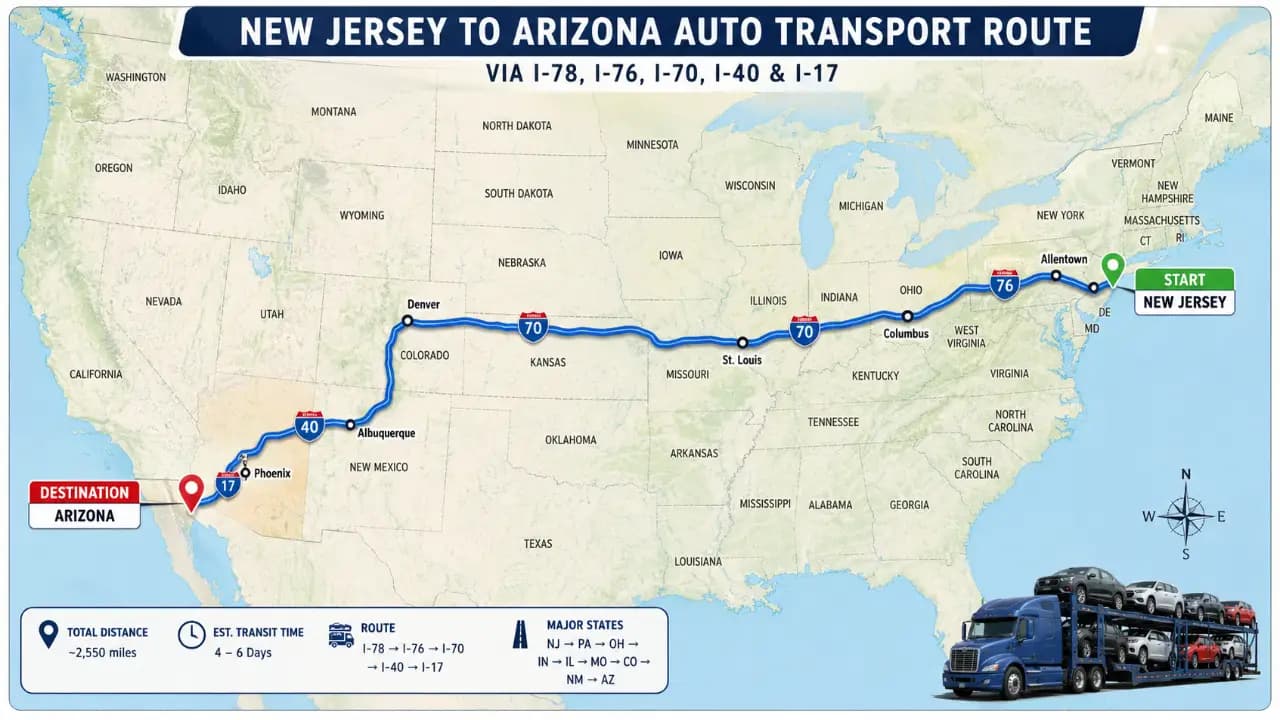 Map showing auto transport route from New Jersey to Arizona via I-78, I-76, I-70, I-40, and I-17