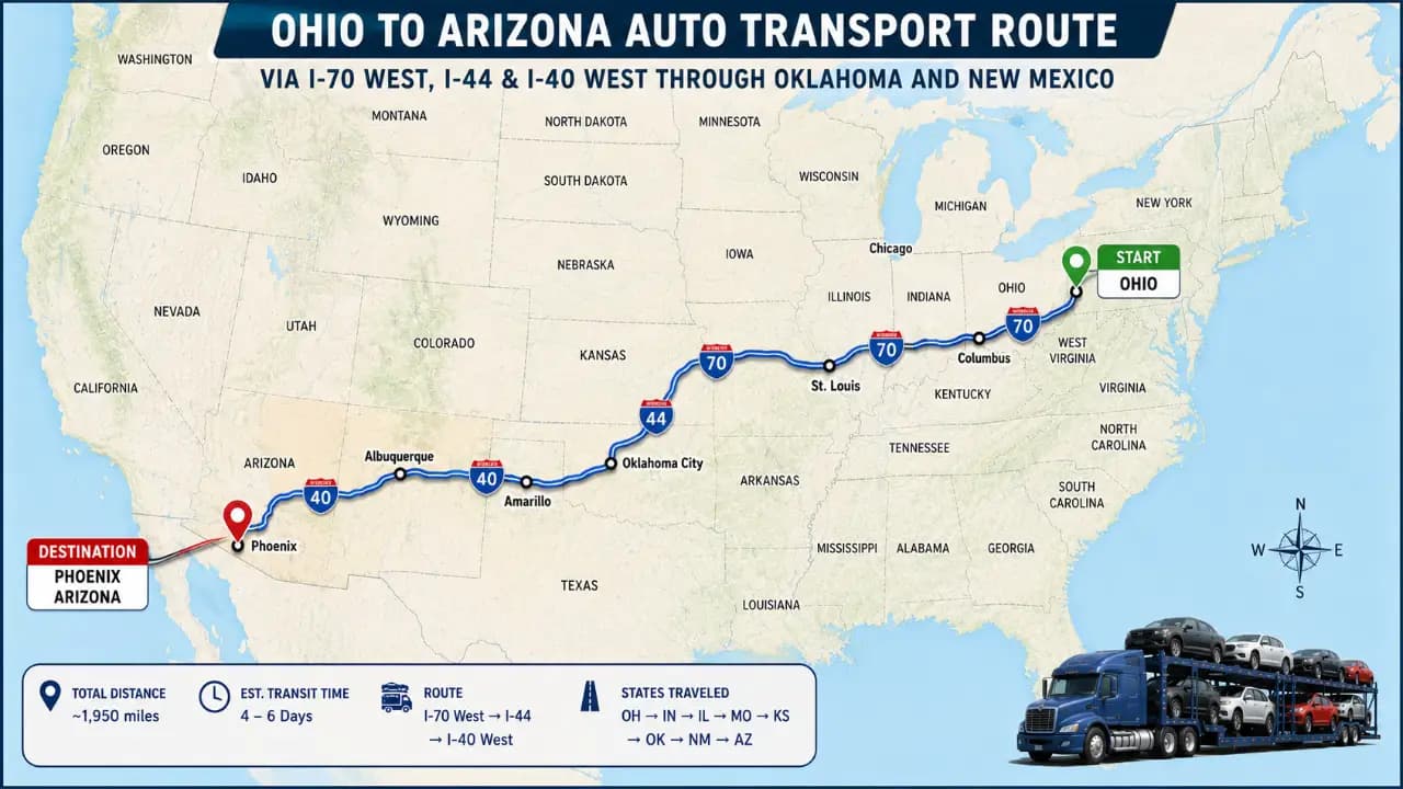 Map showing auto transport route from Ohio to Arizona via I-70 West, I-44, and I-40 West through Oklahoma and New Mexico