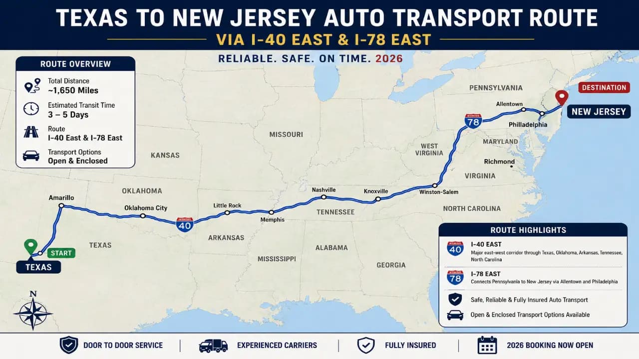 Map showing auto transport route from Texas to New Jersey via I-40 East and I-78 East