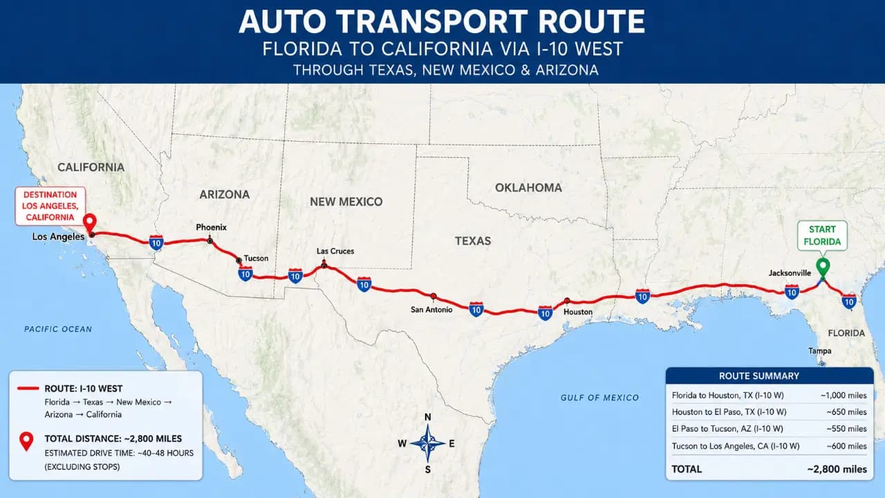 Map showing auto transport route from Florida to California via I-10 West through Texas, New Mexico, and Arizona