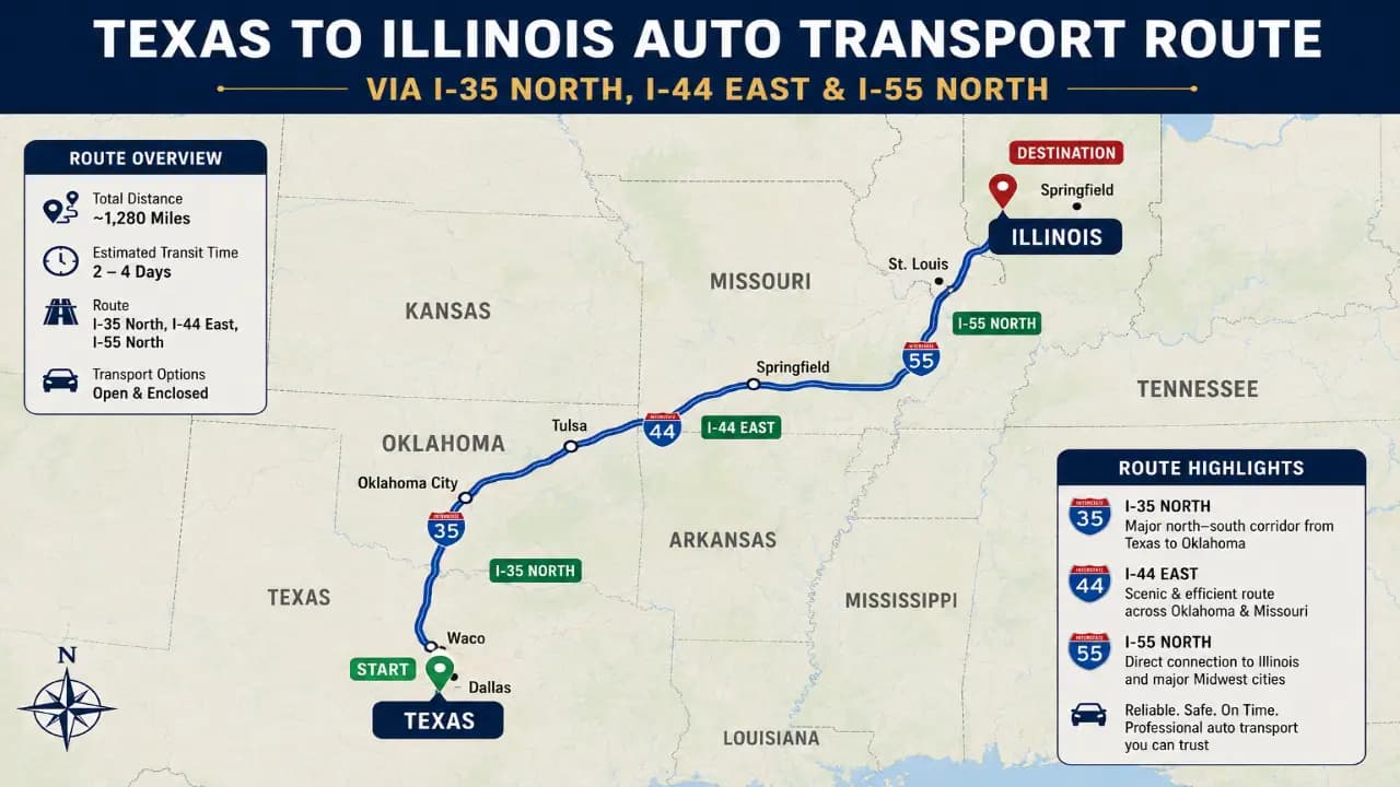 Map showing auto transport route from Texas to Illinois via I-35 North, I-44 East, and I-55 North
