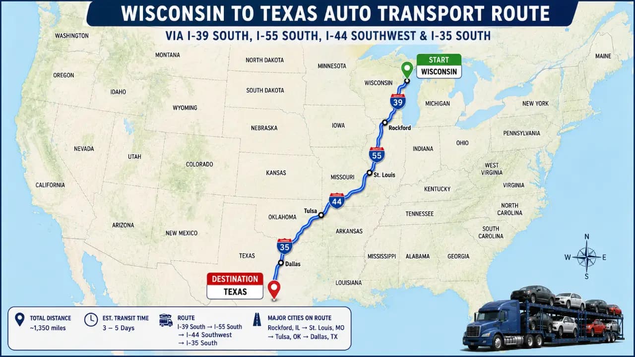 Map showing auto transport route from Wisconsin to Texas via I-39 South, I-55 South, I-44 Southwest, and I-35 South